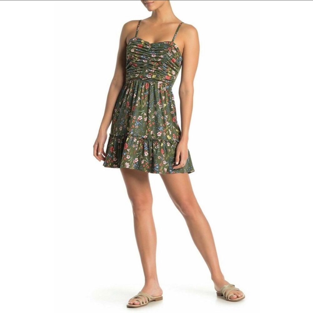 SOLD- ABOUND Green Floral Ruched Mini Sundress L - Picture 1 of 5